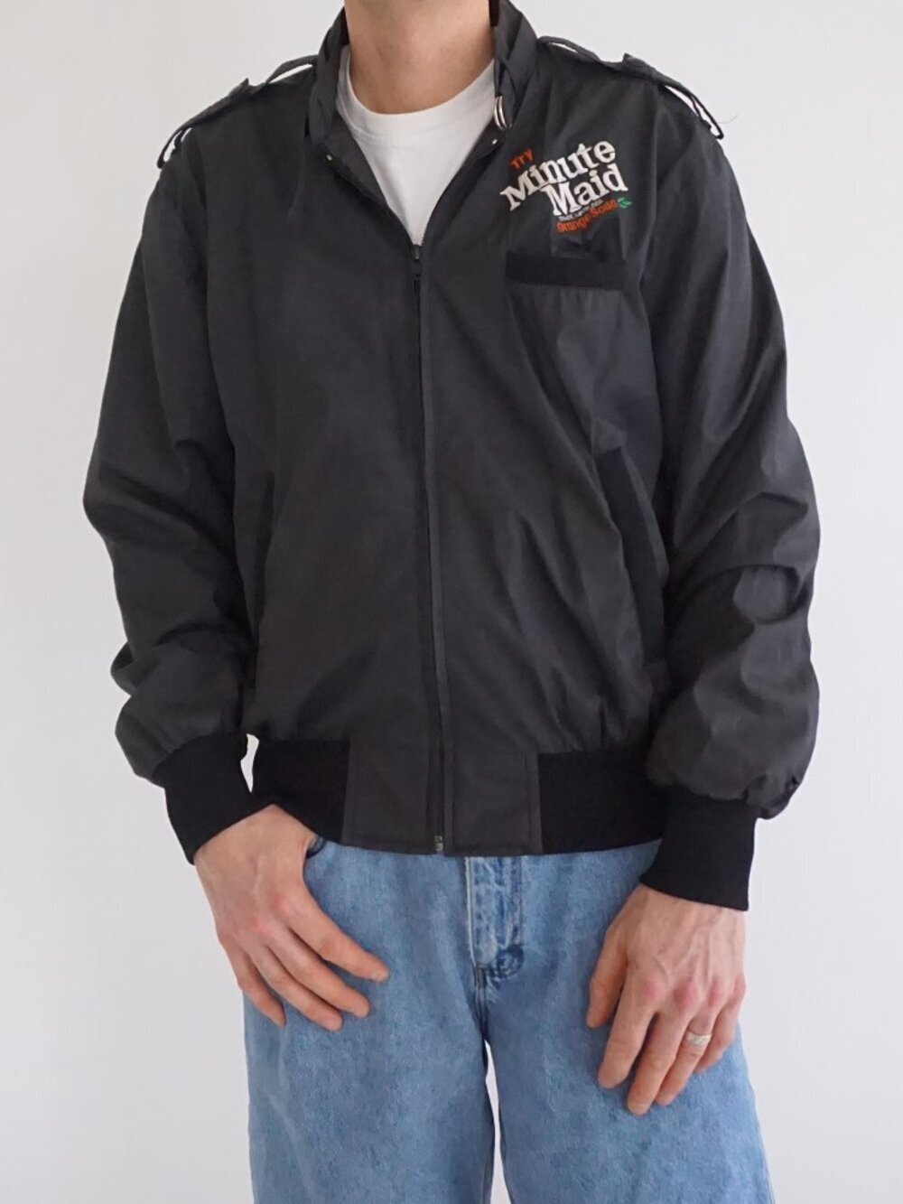 VTG Astro Black Spellout Minute Maid Orange Soda Bomber Jacket Toronto Canada L